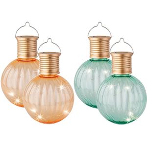 Set van 4x stuks buiten led oranje en turquoise lampion solar verlichting 11 cm