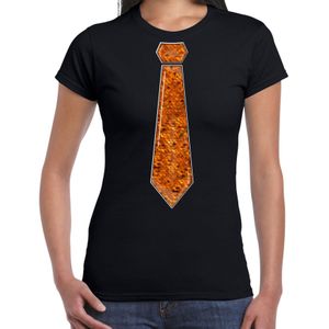 Verkleed t-shirt voor dames - stropdas oranje - pailletten - zwart - carnaval - foute party