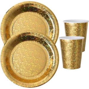 Feest wegwerp servies set - glitter - 20x bordjes / 20x bekers - goud