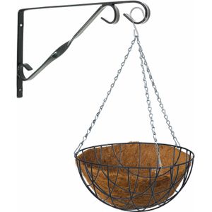 Hanging basket met klassieke muurhaak zwart en kokos inlegvel - metaal - complete hanging basket set