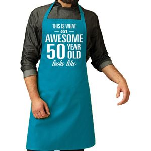 Cadeau schort voor heren - awesome 50 year - blauw - keukenschort - verjaardag - 50 jaar