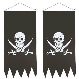 2x Zwarte piraten vlaggen met doodskop 86 cm