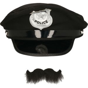 Carnaval verkleed politiepet - met politie thema plaksnor - zwart - heren - verkleedkleding