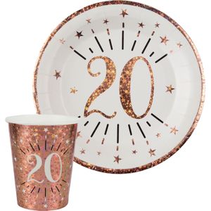 Verjaardag feest bekertjes en bordjes leeftijd - 20x - 20 jaar - rose goud - karton