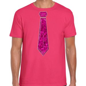 Verkleed t-shirt voor heren - stropdas roze - pailletten - roze - carnaval - foute party