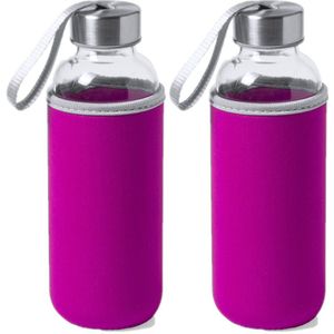 2x Stuks glazen waterfles/drinkfles met fuchsia roze softshell bescherm hoes 420 ml