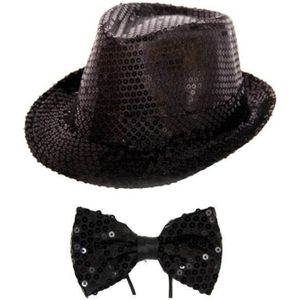 Carnaval verkleed set glitter hoed en strikje zwart