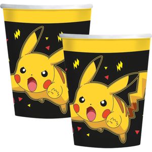 Pokemon themafeest drinkbekers - 16x - zwart/geel - karton - 237 ml