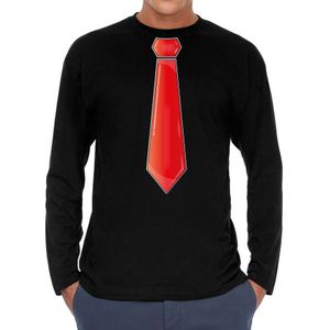 Verkleed shirt voor heren - stropdas rood - zwart - carnaval - foute party - longsleeve