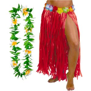 Hawaii verkleed hoela rokje en bloemenkrans - volwassenen - rood - tropisch themafeest - hoela