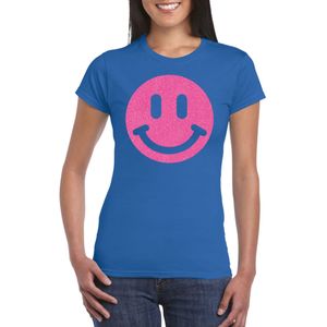Verkleed T-shirt voor dames - smiley - blauw - carnaval/foute party - feestkleding