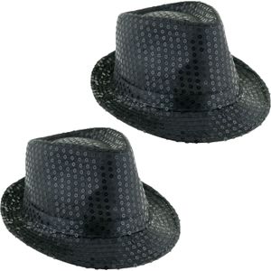 Carnaval verkleed Trilby hoedje met glitter pailletten - 2x - zwart - polyester - heren/dames