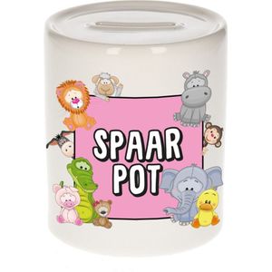 Kraam/verjaardags cadeau spaarpot - roze - dieren print - keramiek