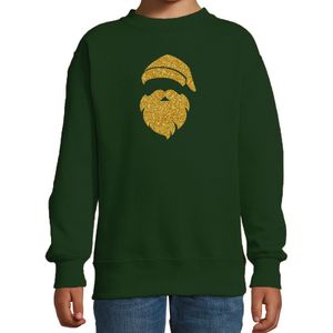 Kerstman hoofd Kerstsweater / Kersttrui groen voor kinderen met gouden glitter bedrukking