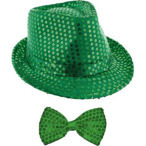 Carnaval verkleed setje - glitter hoedje en vlinderstrikje - groen - volwassenen - met pailletten