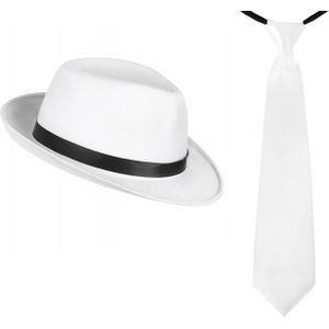 Carnaval verkleed set compleet - gangster/maffia hoedje met stropdas - wit - volwassenen