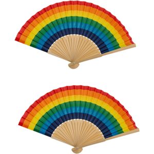 Spaanse hand waaier - 2x - Pride/Regenboog thema kleuren - bamboe/papier - 21 cm