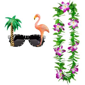 Tropische Hawaii party verkleed accessoires set - Funny zonnebril - en bloemenkrans groen/paars
