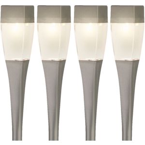 Set van 4x stuks solar tuinlamp/prikspot zilver op zonne-energie 26 cm