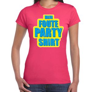 Mijn foute partyshirt fun tekst t-shirt voor dames roze met blauwe opdruk
