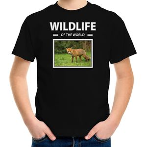 Vos t-shirt met dieren foto wildlife of the world zwart voor kinderen