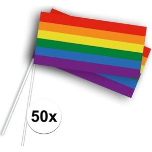 50x Zwaaivlaggetjes/handvlaggetjes met regenboog 12 x 22 cm