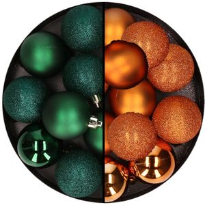 24x stuks kunststof kerstballen mix van donkergroen en oranje 6 cm