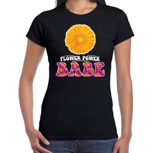 Jaren 60 Flower Power Babe verkleed shirt zwart met gele bloem dames