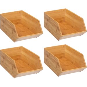 Stapelbare opbergmand 1 vaks - 4x - L18 x B31 x H12 cm - bamboe hout - lichtbruin - organizer