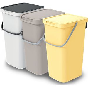 GFT/rest afvalbakken set - 3x - 25L - beige/geel/wit - 26 x 29 x 48 cm - afval scheiden