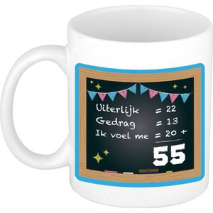 Bellatio Decorations Verjaardag cadeau mok 55 jaar - blauw - rekenen - 300 ml - keramiek