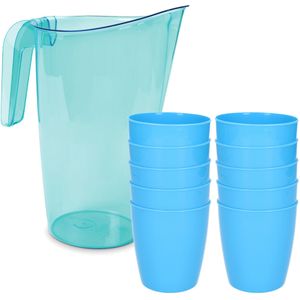 10x kunststof drinkbekers 300 ML met schenkkan set blauw van 1.75 liter