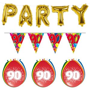 Verjaardag feestversiering 90 jaar PARTY letters en 16x ballonnen met 2x plastic vlaggetjes