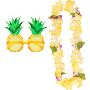 Tropische Hawaii party verkleed accessoires set - Ananas zonnebril - en bloemenkrans geel