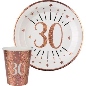 Verjaardag feest bekertjes en bordjes leeftijd - 20x - 30 jaar - rose goud - karton