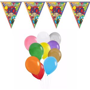 Verjaardag 50 jaar feest thema set 50x ballonnen en 2x Abraham print vlaggenlijnen