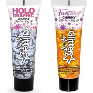 Paintglow Chunky Glittergel voor lichaam en gezicht - 2 tubes - zilver en oranje - 12 ml