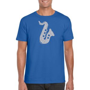 Zilveren saxofoon / muziek t-shirt / kleding blauw heren