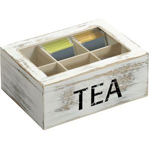 Houten witte theedoos/theekist met 6 vakken Tea 16 x 21,7 x 9 cm