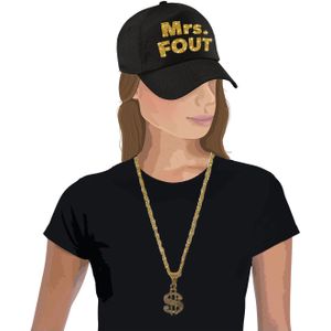 Mrs. FOUT baseballcap zwart/goud dames en een gouden dollarketting