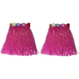 Hawaii thema verkleed rokje - 2x - raffia - roze - 40 cm - volwassenen