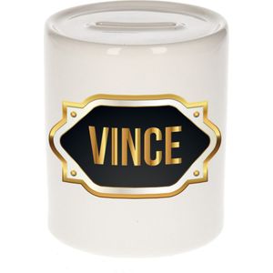 Naam cadeau spaarpot Vince met gouden embleem