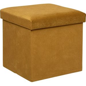 Poef/krukje/hocker Amber - Opvouwbare zit opslag box -  fluweel Okergeel - D38 x H38 cm