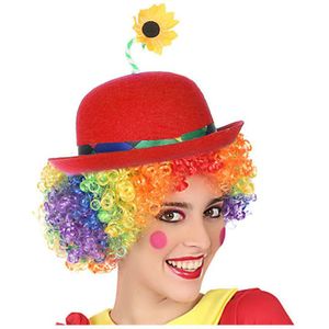 Clown verkleed set gekleurde pruik met bolhoed rood met bloem