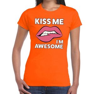 Kiss me i am awesome t-shirt oranje dames