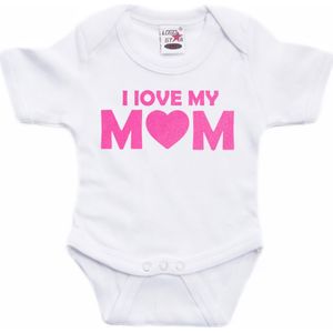 Baby rompertje - i love my mom - roze - glitter - kraam cadeau