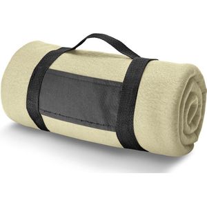 1x Fleece dekens/plaids zandkleurig met afneembaar handvat 150 x 120 cm