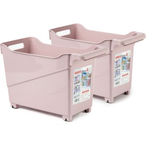 Opslag/opberg trolley container - 2x - roze - op wieltjes - L38 x B18 x H26 cm - kunststof