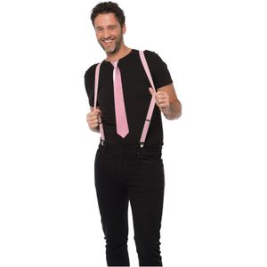 Carnaval verkleedset bretels en stropdas - licht roze - volwassenen/unisex - feestkleding accessoire