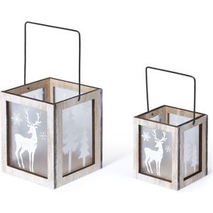 Set van 2x stuks kerst lantaarns/windlichten met rendieren print 8,5 en 11 cm